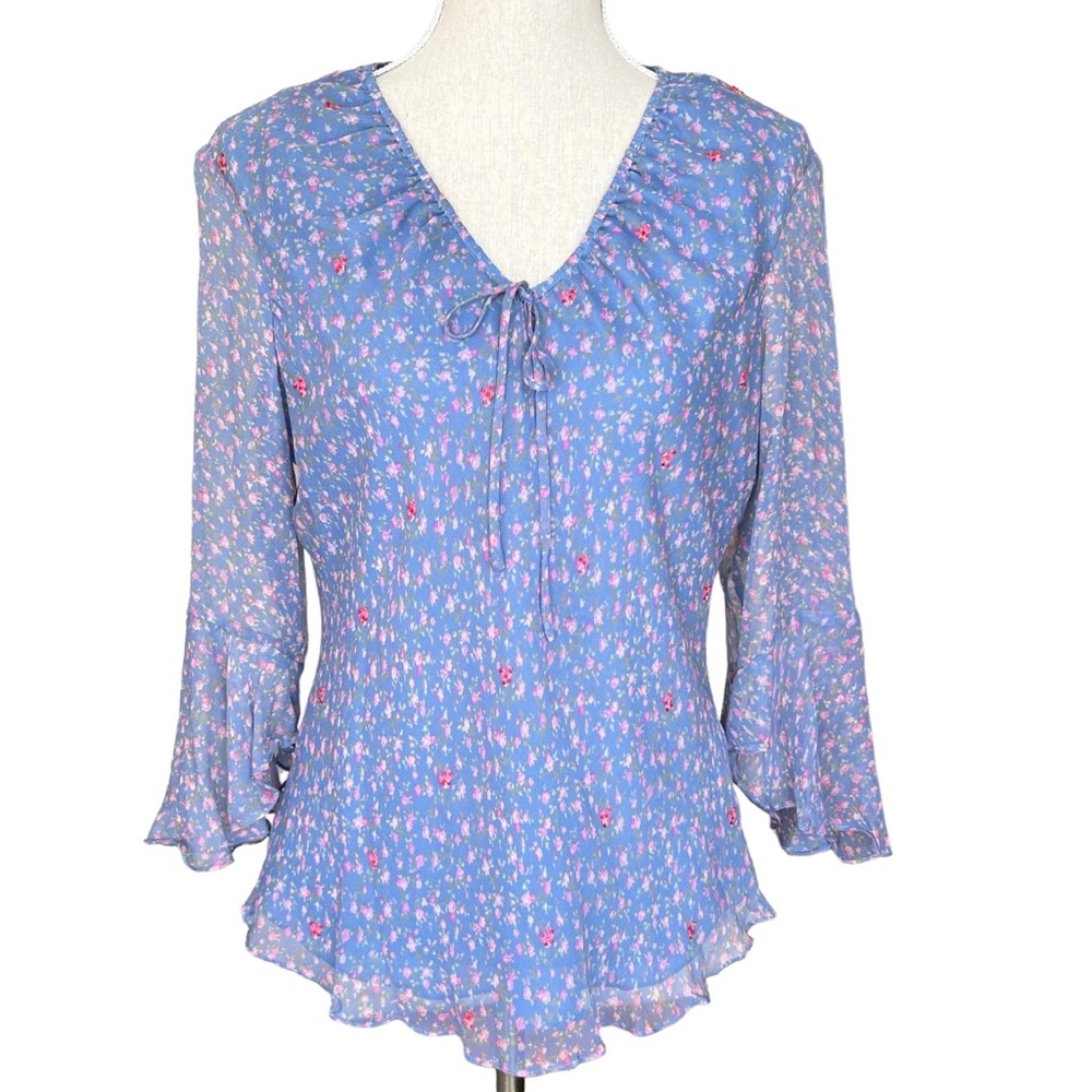 Silkland Silk Blue Floral Beaded Cottagecore Blouse Size Large NWT